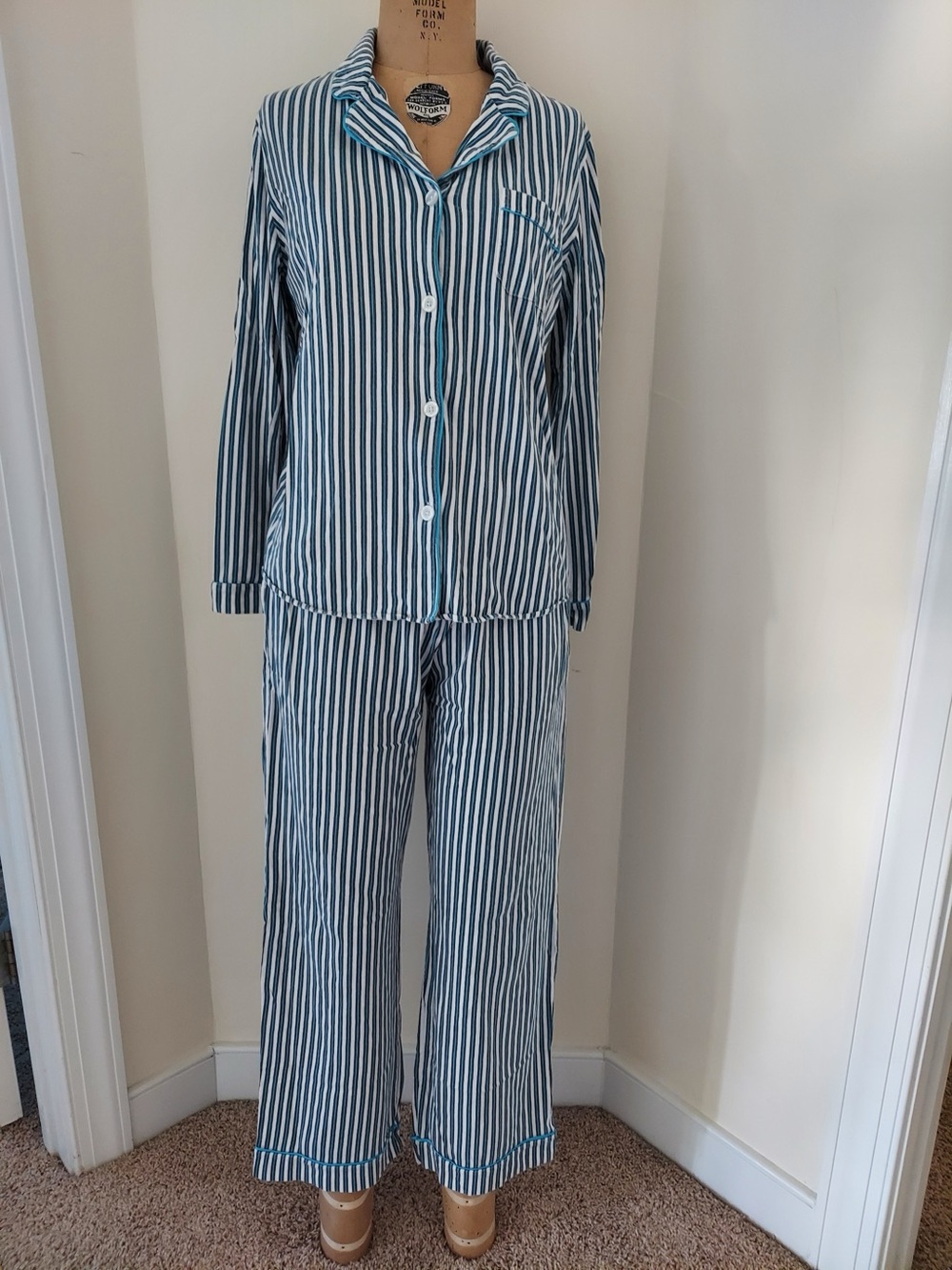 DKNY Black, White, and Turquoise Vertical Stripe Pajama Set